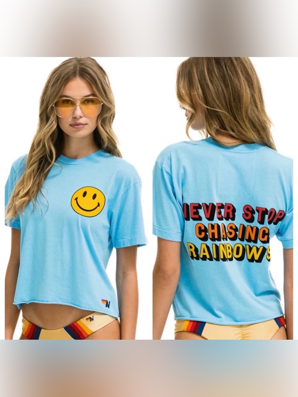 Aviator Nation Blue Smiley Rainbows Tee Short Sleeve Cropped Raw Hem Sz M